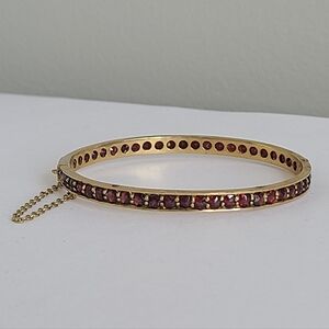 Antique Victorian Tombac Gold Tone Bohemian Garnet Hinged Bangle Bracelet
